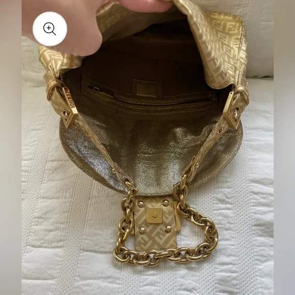 Fendi Baguette Double Flap Bag Zucca FF Canvas Coated Gold Authentic Vintage - Picture 8 of 11